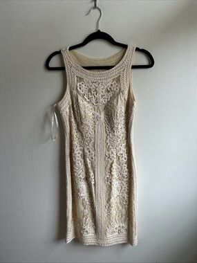 Sue Wong Sleeveless Crochet Lace Sheath Dress in Cream Beige Lined